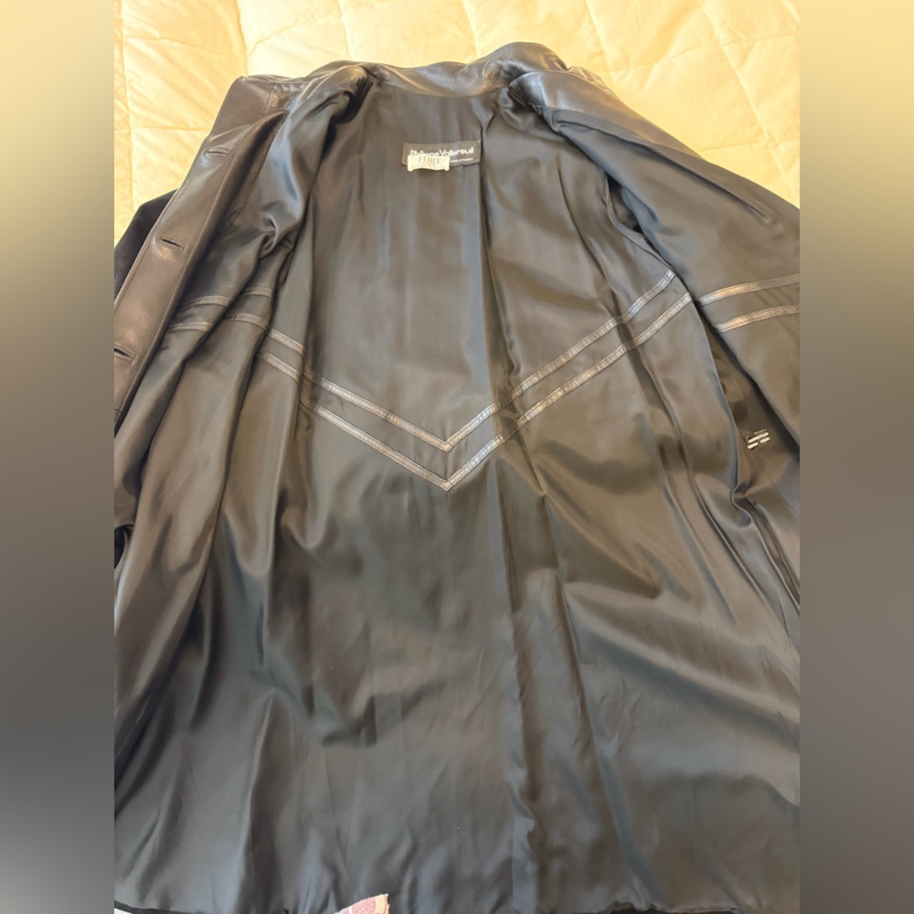 Chic Black and Tan Leather Jacket with Yellow Trim - Picture 3 of 5